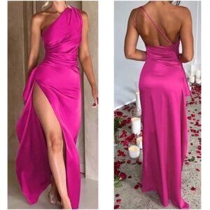 Luxe Hot Pink One Shoulder Satin Party Evening Prom Dress